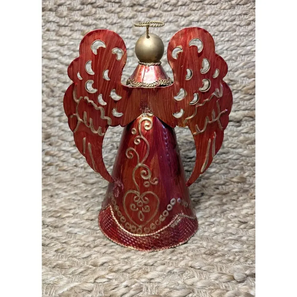 Christmas Red Metal Angel Playing Harp Instrument Gold Holiday Tabletop Decor